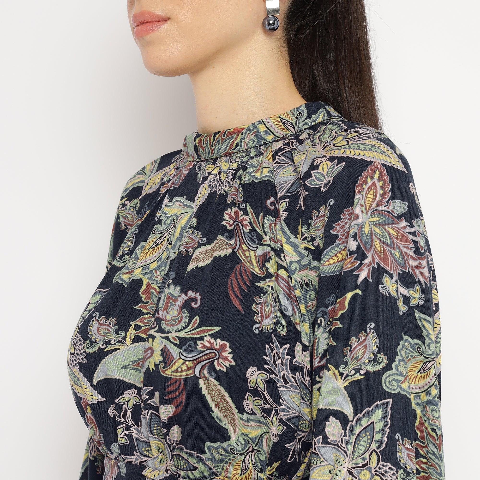 Botanical Print High-Neck Mini Dress